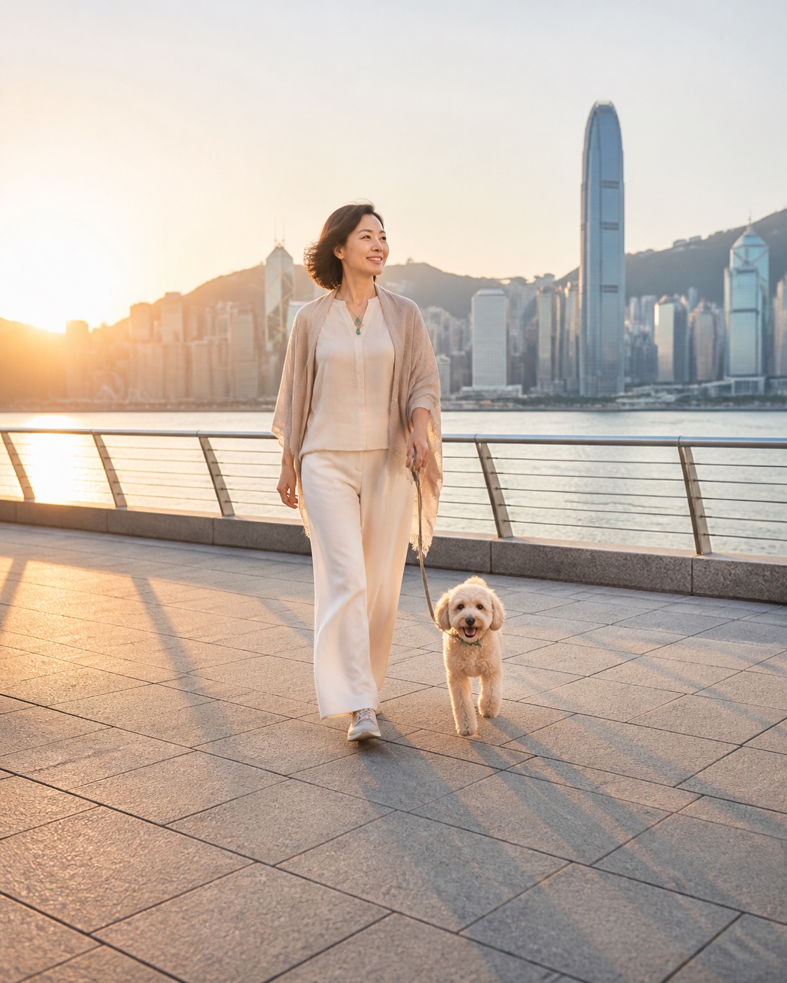 女士和小狗完整走在香港海滨，规划从容退休生活